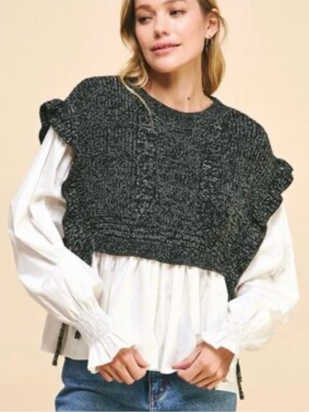 Charcoal Cropped Knit Vest Sweater - Women